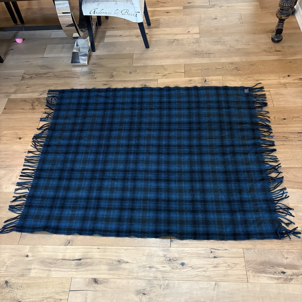 Pendleton Virgin Wool Woven Blanket Plaid Blue Black Fringe 64"x49" Throw Read